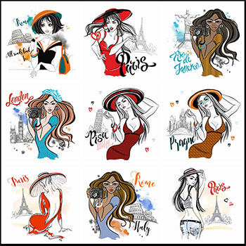 9款卡通手绘时尚美女第一素材网矢量插图精选