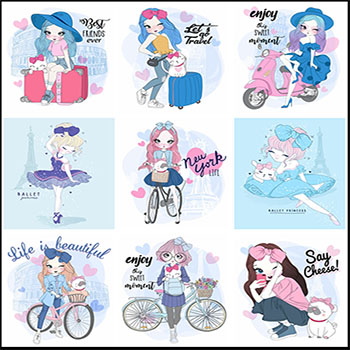 9款遛狗的可爱时尚女孩矢量人物插画