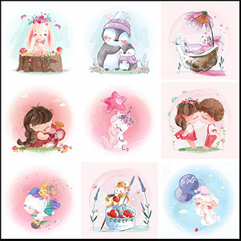 有趣的儿童和卡通动物水彩画第一素材网矢量插图精选