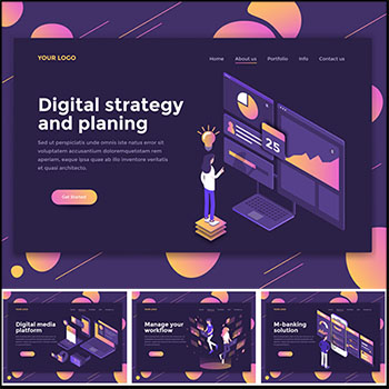 10款紫色网页引导2.5D等距插画矢量横幅