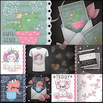 可爱的卡通动物和无缝的背景第一素材网矢量素材精选