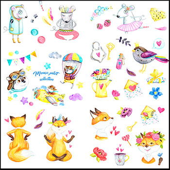 水彩卡通狐狸与装饰花卉第一素材网矢量插图精选