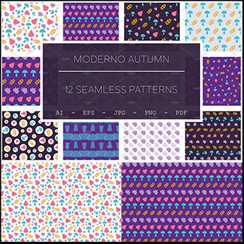 12种树叶和蘑菇无缝背景AI/PNG免抠图素材