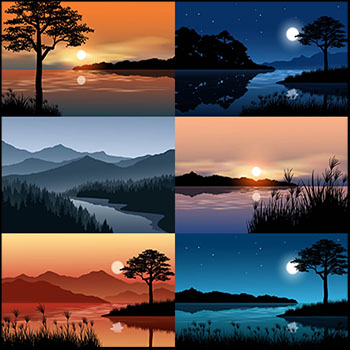 6款河畔夜景日落矢量插画