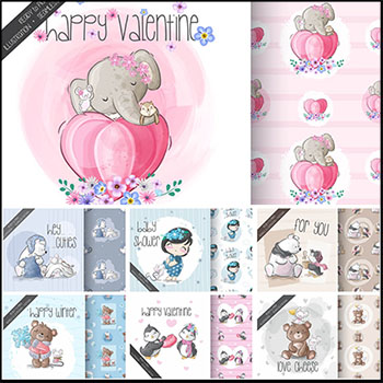 8款可爱熊小女孩企鹅和大象无缝背景素材