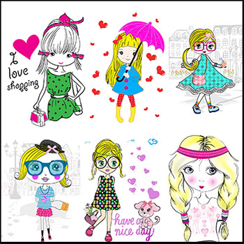 可爱手绘卡通时尚小女孩矢量插画