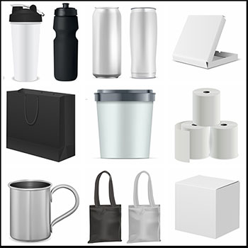 9款水杯水壶纸盒和手提购物袋矢量样机模型