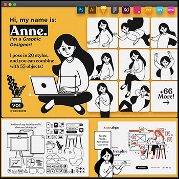 20个女孩人物姿势插画和字符集第一素材网矢量素材精选