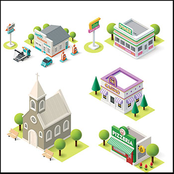 5款披萨店甜品店等欧式建筑2.5D等距插图