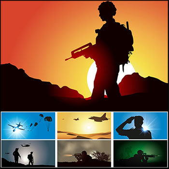 海军空军陆军军人执勤航母战斗机矢量剪影插图