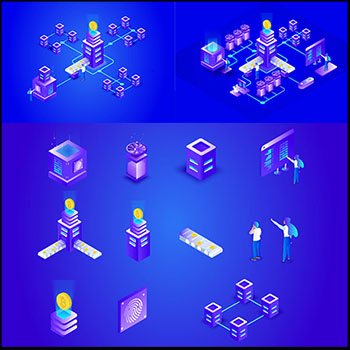 5套金融比特币挖掘2.5D等距第一素材网矢量插图精选
