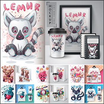 7款可爱萌宠动物T恤印花第一素材网矢量背景精选素材