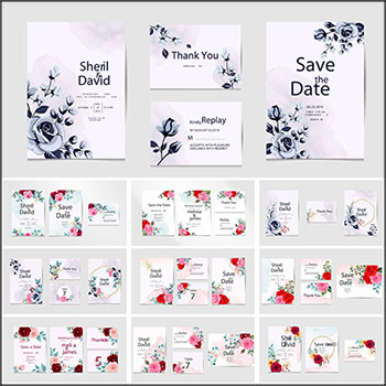 14套水彩花卉背景婚礼邀请函卡片第一素材网矢量模板精选