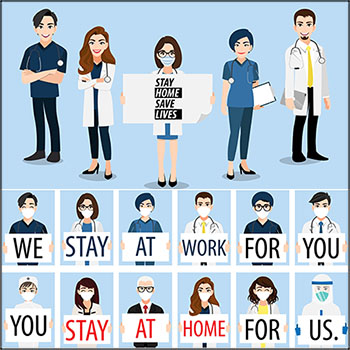 卡通人物医生护士手举居家隔离戴口罩矢量人物covid-19素材