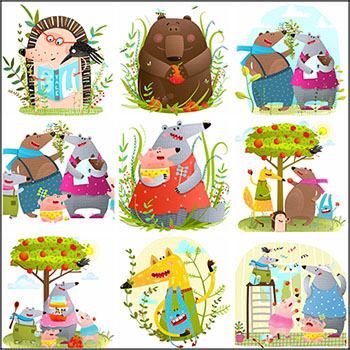 卡通小熊一家和刺猬等其它动物矢量插画