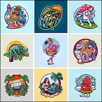 9款夏季冲浪海边渡假拟人化动物衣服印染图案第一素材网矢量素材精选