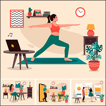 居家办公学习做瑜伽的女人生活日常第一素材网矢量插图精选