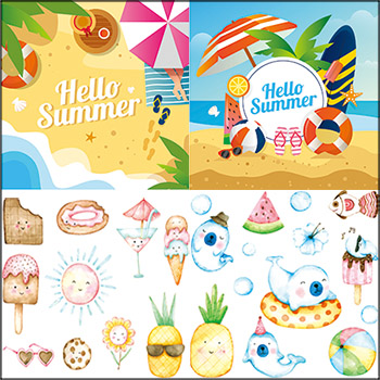夏季海报概念背景和卡通冷饮与动物第一素材网矢量素材精选