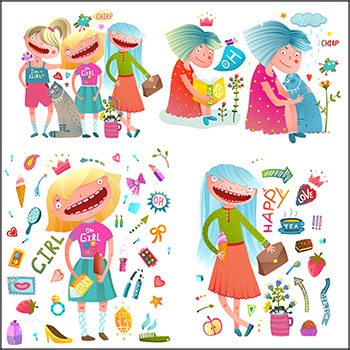 时尚水彩卡通女孩第一素材网矢量插图精选