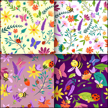 春季小花和蜜蜂蝴蝶小动物无缝背景第一素材网矢量素材精选