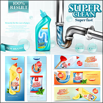 8套卫生间污水处理水果香味清洁剂矢量横幅海报