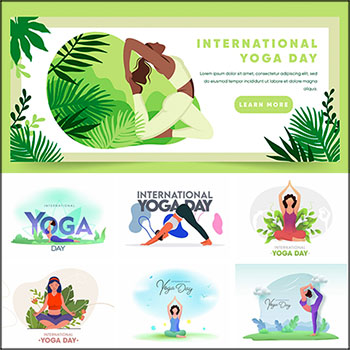 10款瑜伽运动海报横幅卡通人物插图