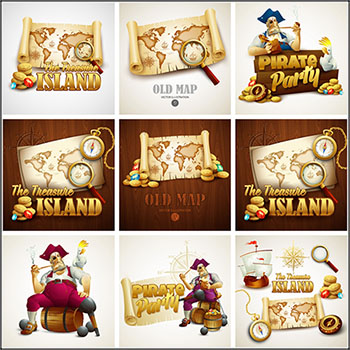 10款金银岛地图海盗探险寻宝海报第一素材网矢量插图精选