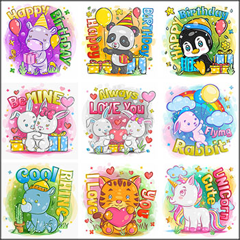 19款可爱卡通动物情人节爱情卡片第一素材网矢量插图精选