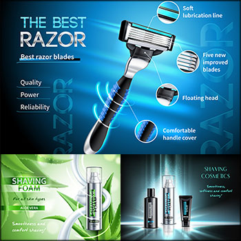 6款男性化妆用品和剃须刀用品矢量广告海报