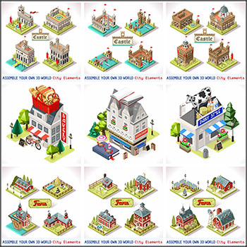 25款欧式城市建筑商铺店铺2.5D等距第一素材网矢量插图精选