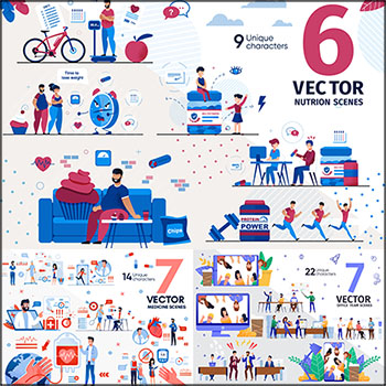 职业，健康饮食和生活方式并平滑矢量UI插图