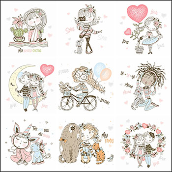 可爱的小女孩与动物卡通插图第一素材网矢量素材精选