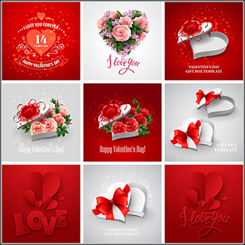 9款情人节爱心礼物盒和鲜花爱心插图第一素材网矢量背景精选素材