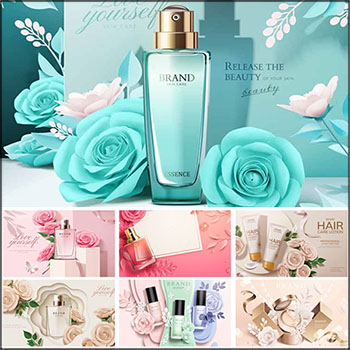 立体剪纸花朵美妆海报香水化妆品护肤品AI矢量模型