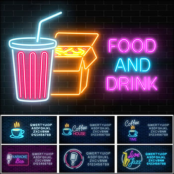 9款音乐酒吧咖啡店快餐美食霓虹灯LOGO标志第一素材网矢量素材精选