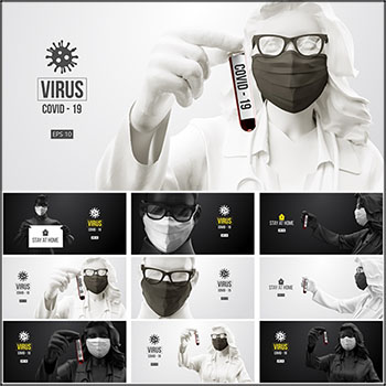 9款冠状病毒COVID-19口罩防护病毒研究人物第一素材网矢量插图精选