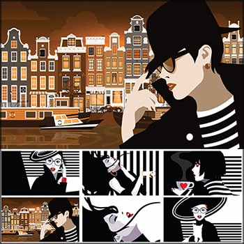 9款波普艺术风格的老城街道和时尚女人矢量插画