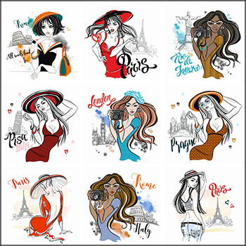 9款时尚卡通女人矢量插画