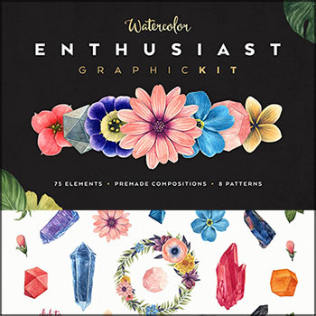 水彩花卉植物宝石海螺花环叶子无缝背景PNG/AI矢量套装