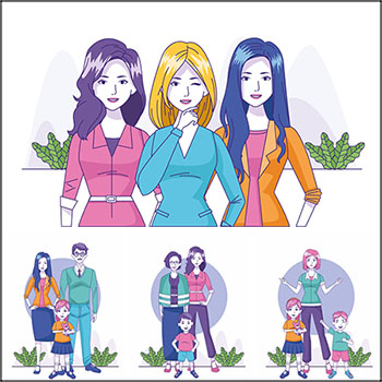 时尚卡通女性妇女女人小孩矢量插画