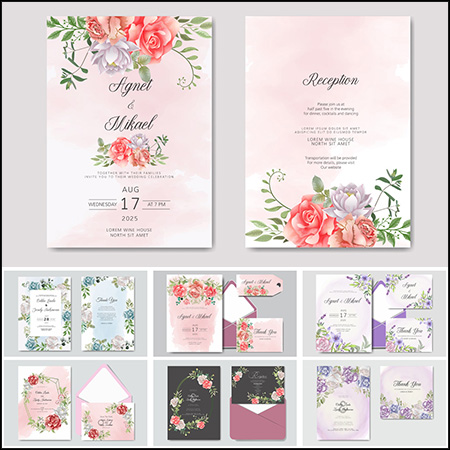 花艺装饰水彩画婚礼邀请函第一素材网矢量素材精选