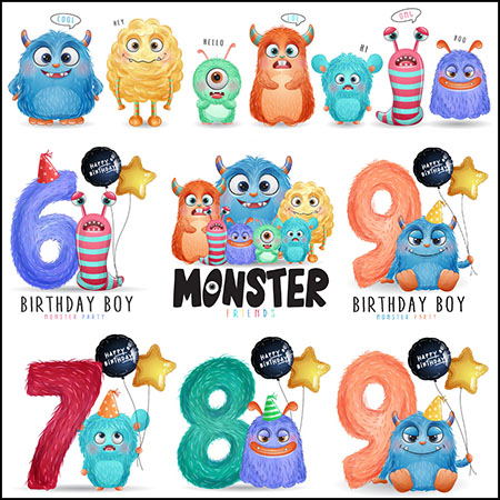 生日快乐可爱怪兽和气球插图矢量装饰素材