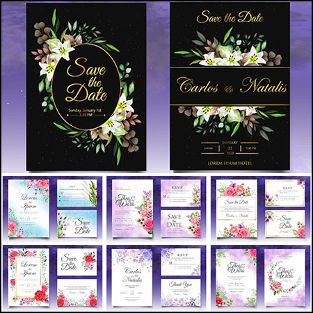 水彩花卉结婚请柬邀请函卡片第一素材网矢量模板精选