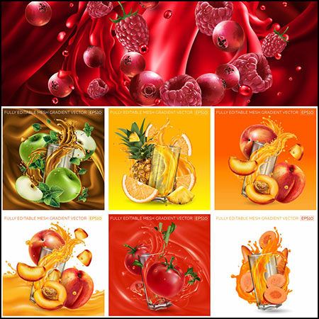 水果和浆果果汁飞溅鲜榨果汁海报第一素材网矢量插图精选