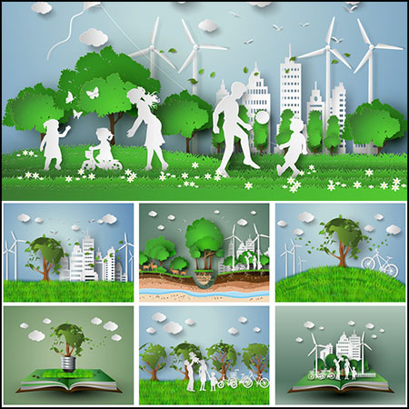 20款剪纸风格绿色能源节能环保第一素材网矢量插图精选
