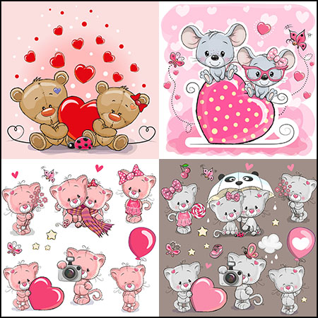 5套情人节可爱小熊小猫爱情粉色矢量动物插图