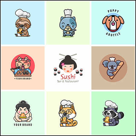 12款寿司披萨等日式美食店卡通动物LOGO图标徽标