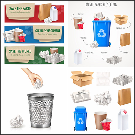 6套垃圾回收废纸废纸盒垃圾箱第一素材网矢量插图精选