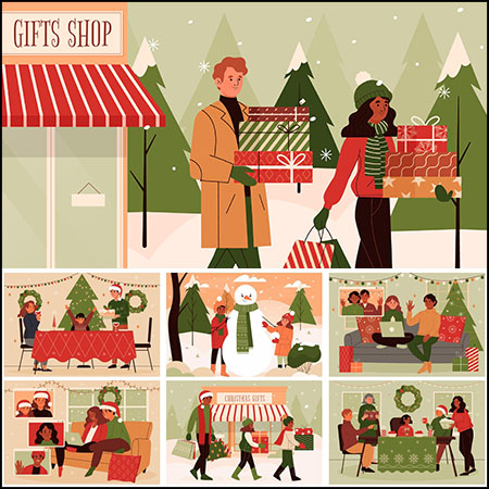 10款圣诞节家庭场景第一素材网矢量插图精选