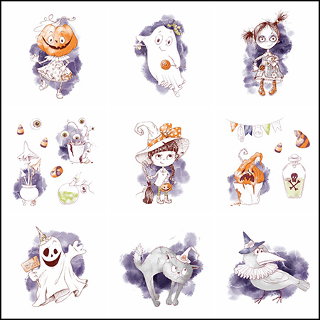 11款万圣节水彩可爱南瓜怪幽灵巫师等元素第一素材网矢量素材精选
